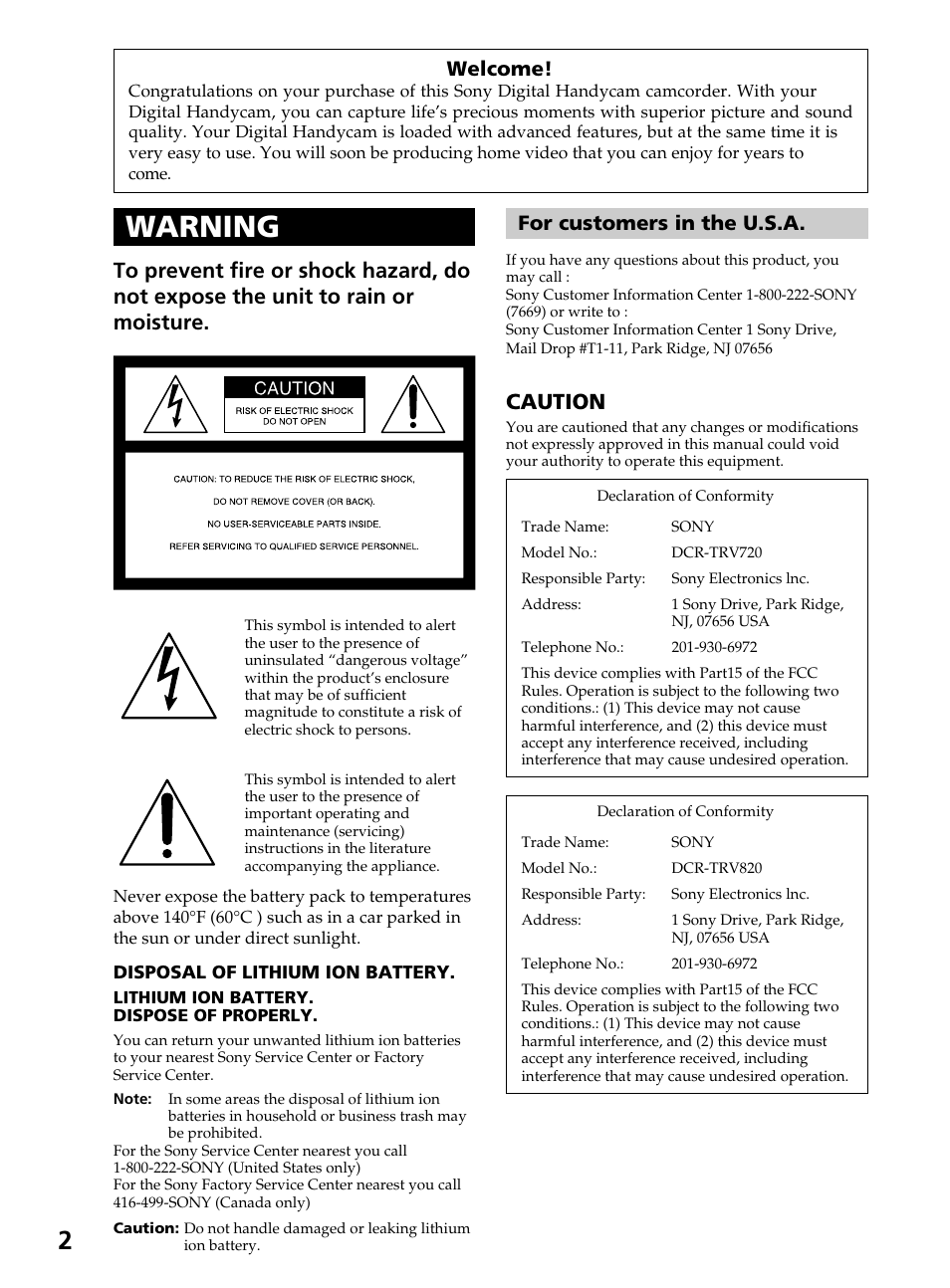 Warning, Caution, Welcome | For customers in the u.s.a | Sony DCR-TRV820 User Manual | Page 2 / 156