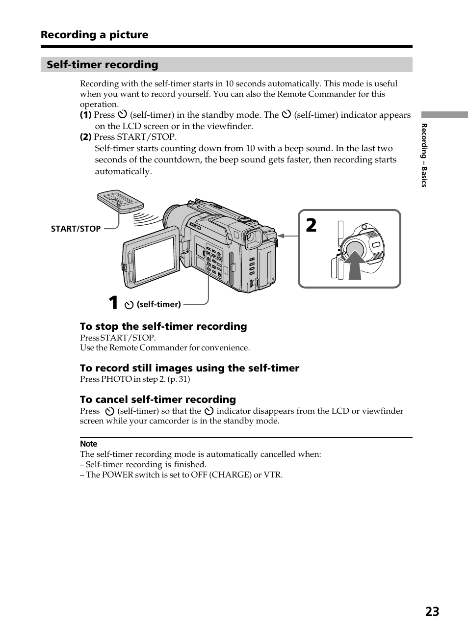 Self-timer recording | Sony DCR-TRV820 User Manual | Page 23 / 156
