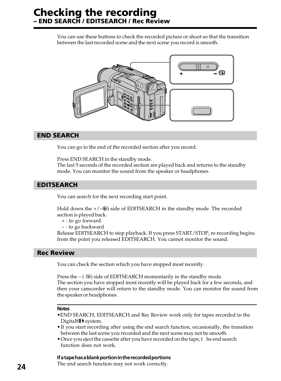 Checking the recording, End search / editsearch / rec review | Sony DCR-TRV820 User Manual | Page 24 / 156