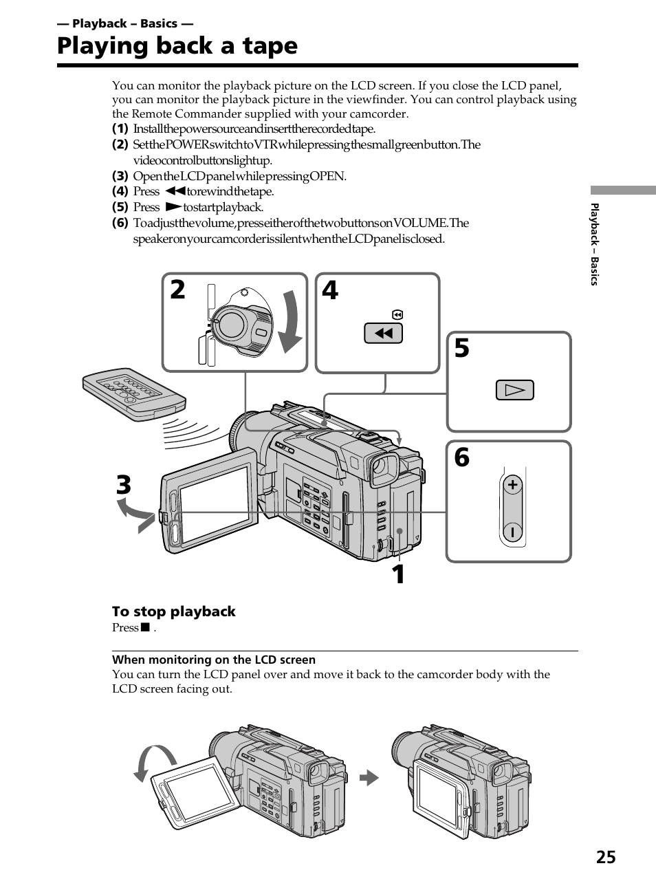 Playback – basics, Playing back a tape | Sony DCR-TRV820 User Manual | Page 25 / 156