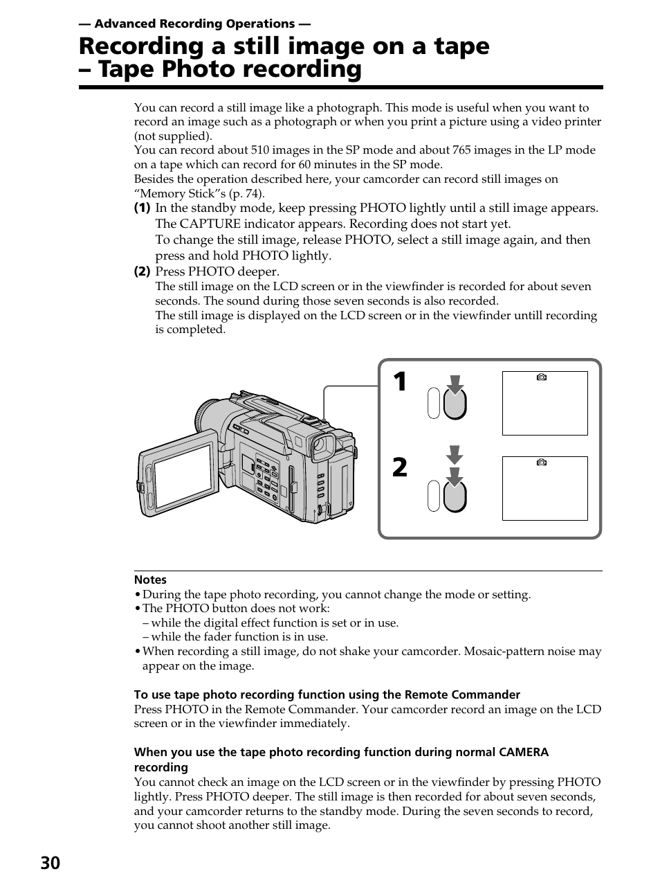 Advanced recording operations, Recording a still image on a tape, Tape photo recording | Sony DCR-TRV820 User Manual | Page 30 / 156