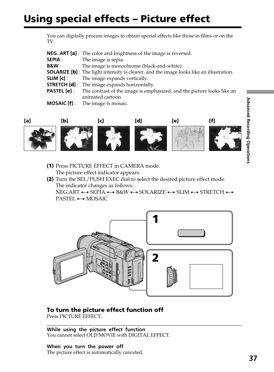 Using special effects – picture effect, Using special effects, Picture effect | Sony DCR-TRV820 User Manual | Page 37 / 156