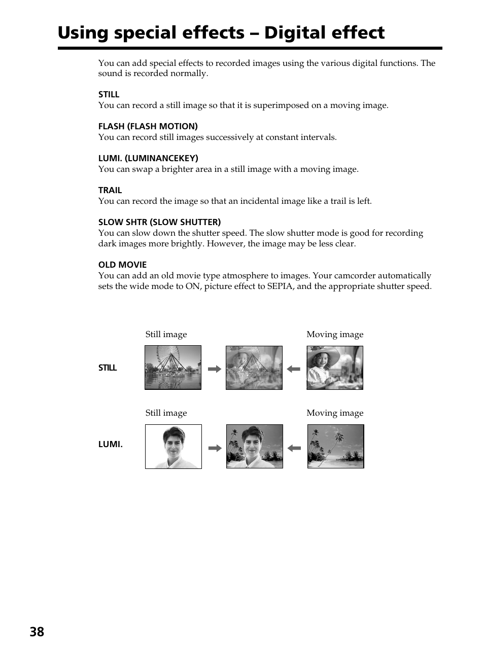 Using special effects – digital effect, Using special effects, Digital effect | Sony DCR-TRV820 User Manual | Page 38 / 156
