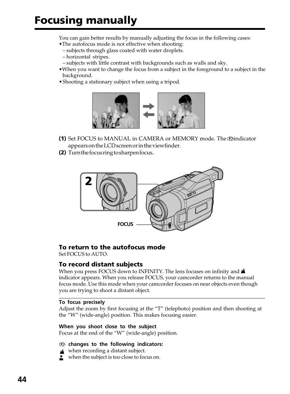 Focusing manually | Sony DCR-TRV820 User Manual | Page 44 / 156