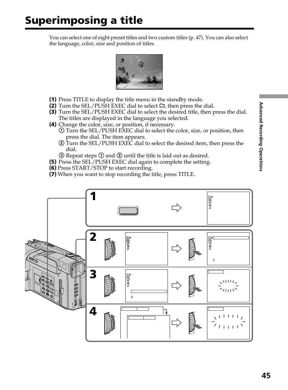 Superimposing a title | Sony DCR-TRV820 User Manual | Page 45 / 156