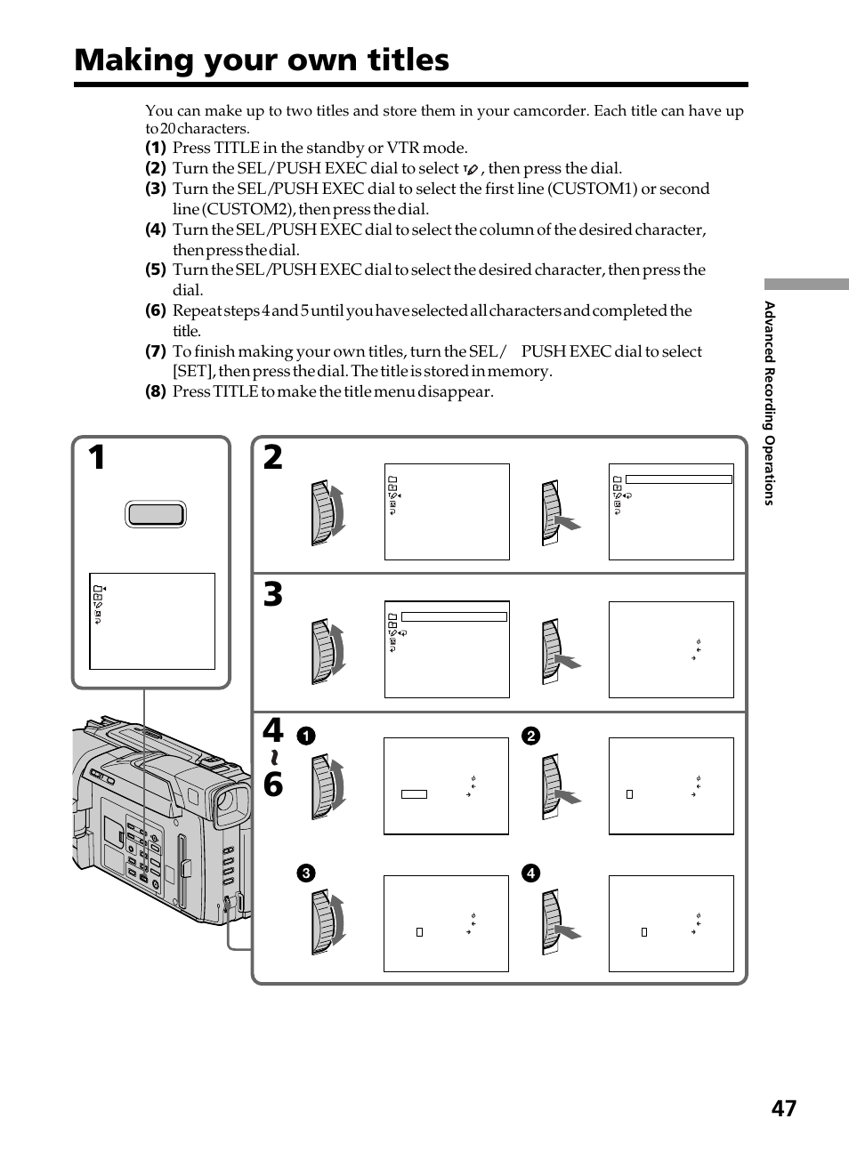 Making your own titles, Title | Sony DCR-TRV820 User Manual | Page 47 / 156