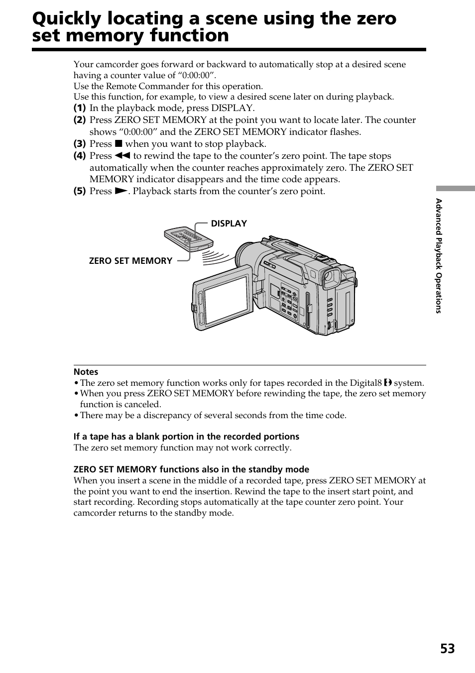 Quickly locating a scene using the, Zero set memory function | Sony DCR-TRV820 User Manual | Page 53 / 156