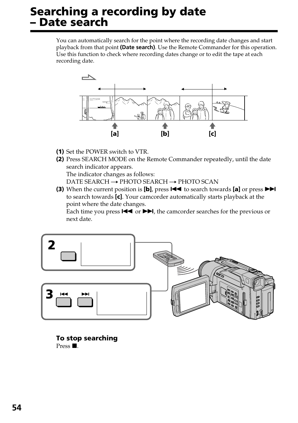 Searching a recording by date, Date search, Searching a recording by date – date search | Sony DCR-TRV820 User Manual | Page 54 / 156