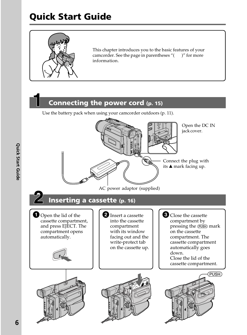 Quick start guide, Inserting a cassette, Connecting the power cord | Sony DCR-TRV820 User Manual | Page 6 / 156