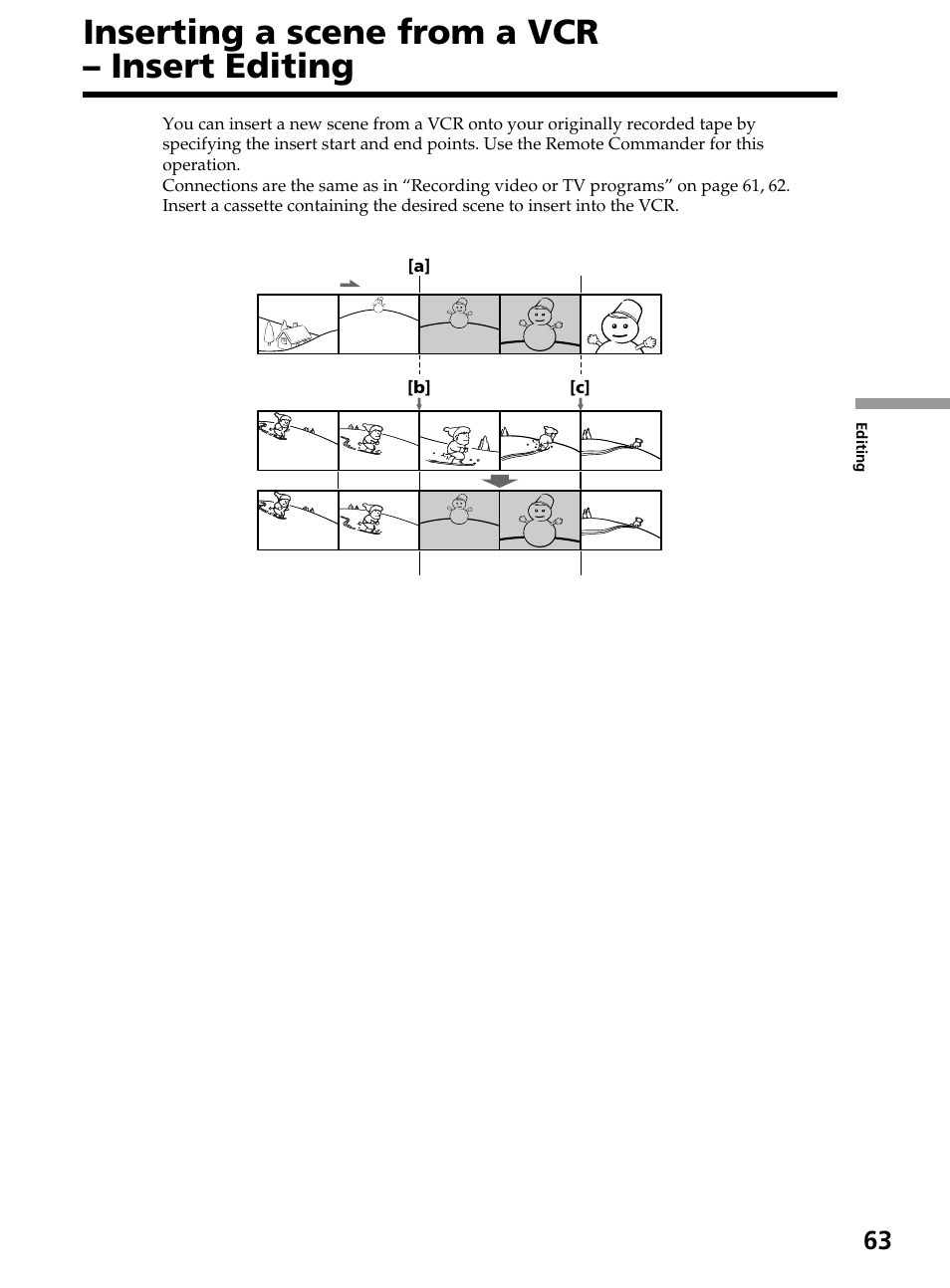 Inserting a scene from a vcr – insert editing, Inserting a scene from a vcr, Insert editing | Sony DCR-TRV820 User Manual | Page 63 / 156