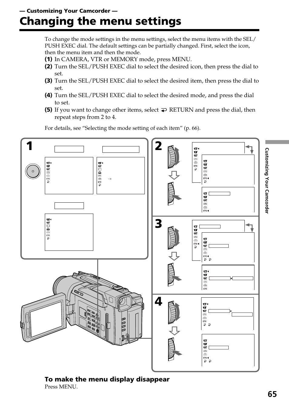 Customizing your camcorder, Changing the menu settings | Sony DCR-TRV820 User Manual | Page 65 / 156