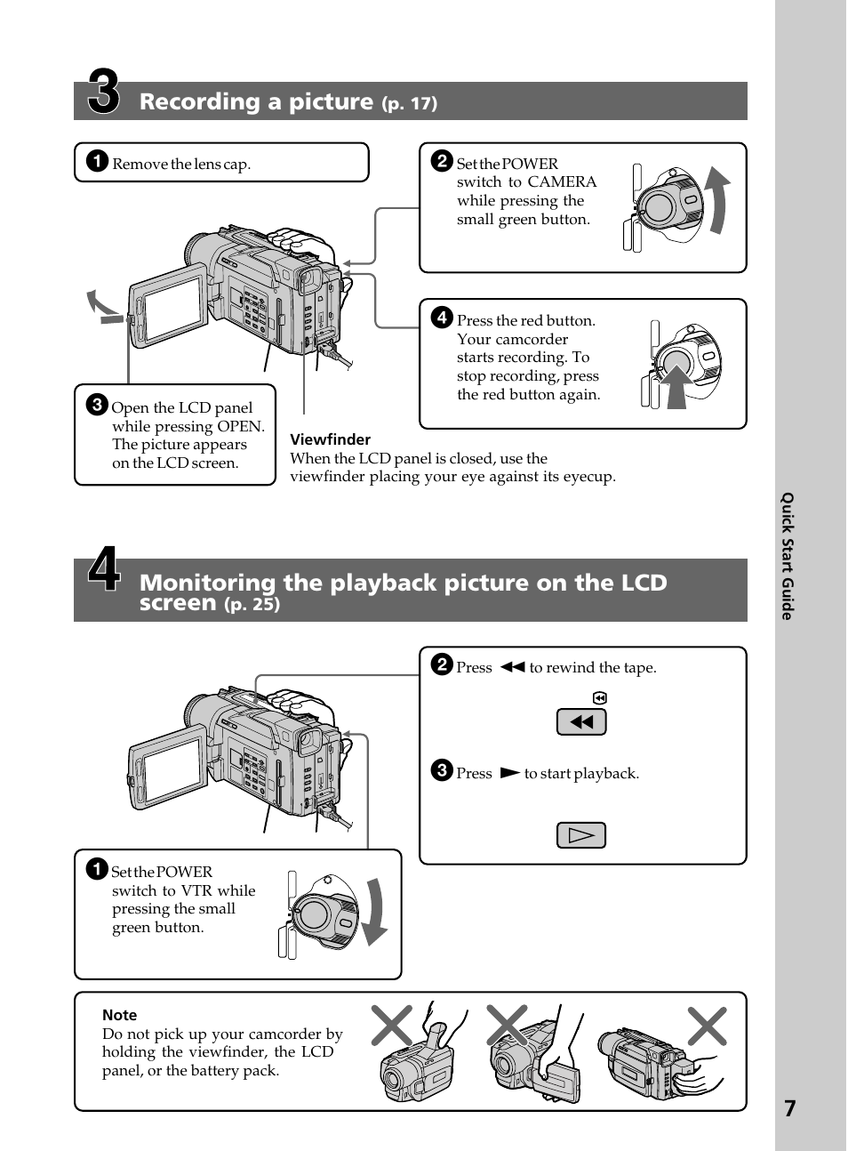 7recording a picture, Monitoring the playback picture on the lcd screen, Rew play | P. 17), P. 25) | Sony DCR-TRV820 User Manual | Page 7 / 156