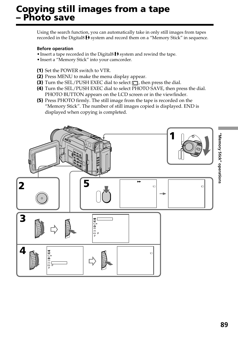 Copying still images from a tape – photo save, Copying still images from a tape, Photo save | Sony DCR-TRV820 User Manual | Page 89 / 156