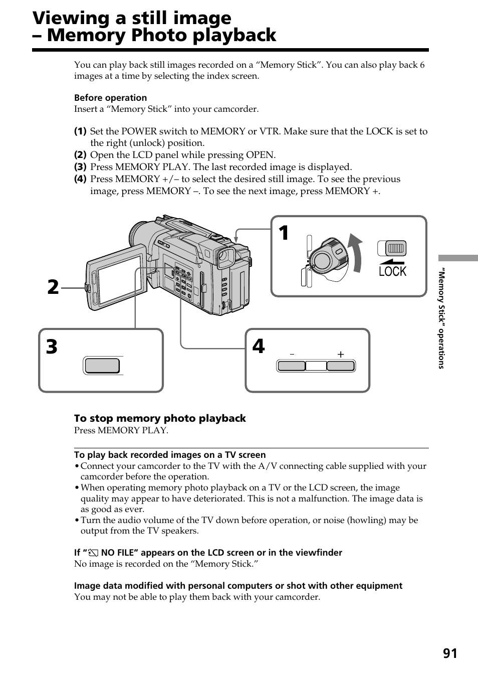 Viewing a still image – memory photo playback, Viewing a still image, Memory photo playback | Sony DCR-TRV820 User Manual | Page 91 / 156