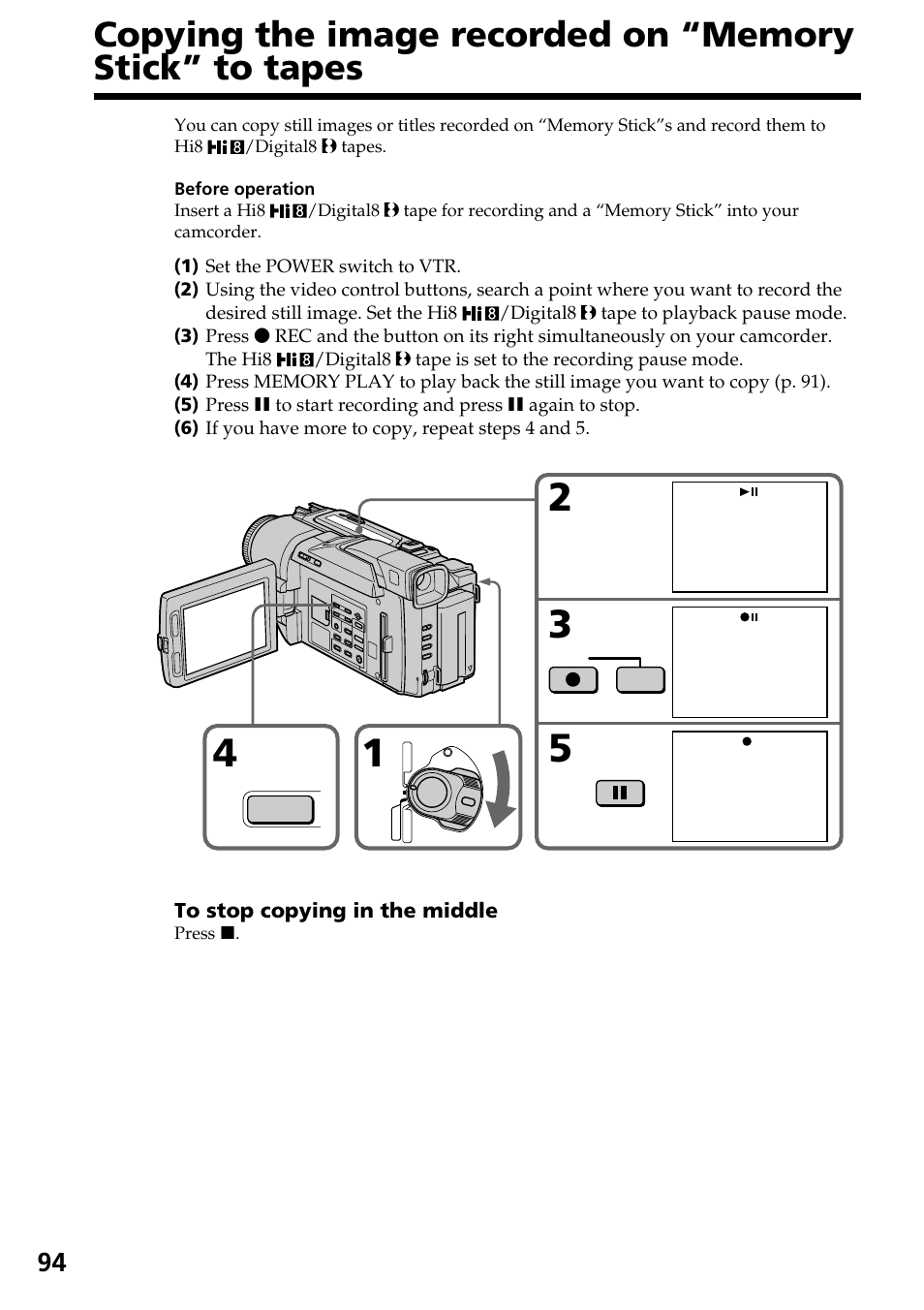 Copying the image recorded on, Memory stick” to tapes | Sony DCR-TRV820 User Manual | Page 94 / 156