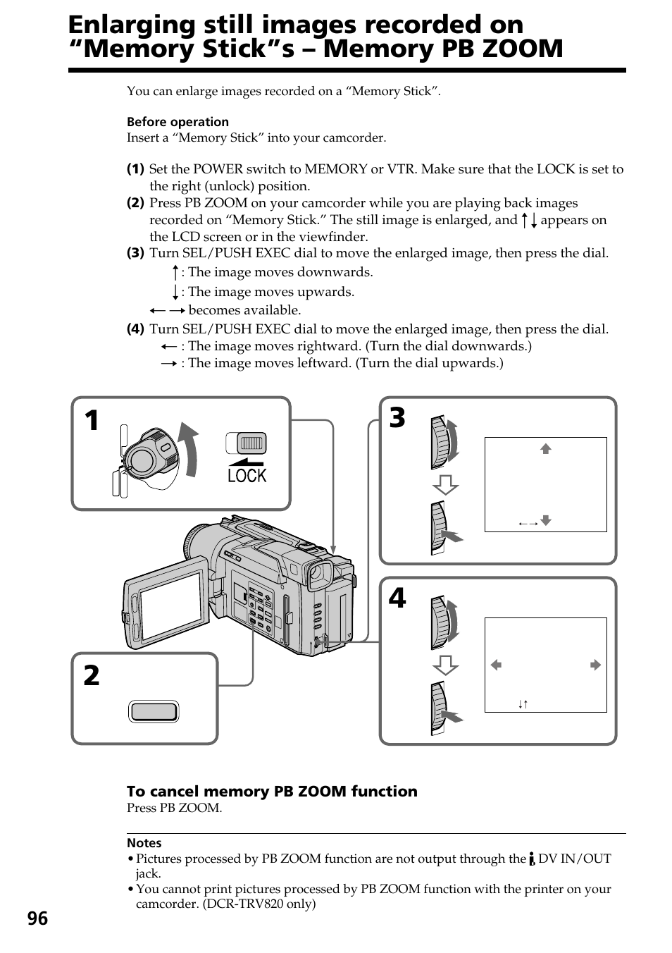 Enlarging still images recorded on, Memory stick”s – memory pb zoom | Sony DCR-TRV820 User Manual | Page 96 / 156