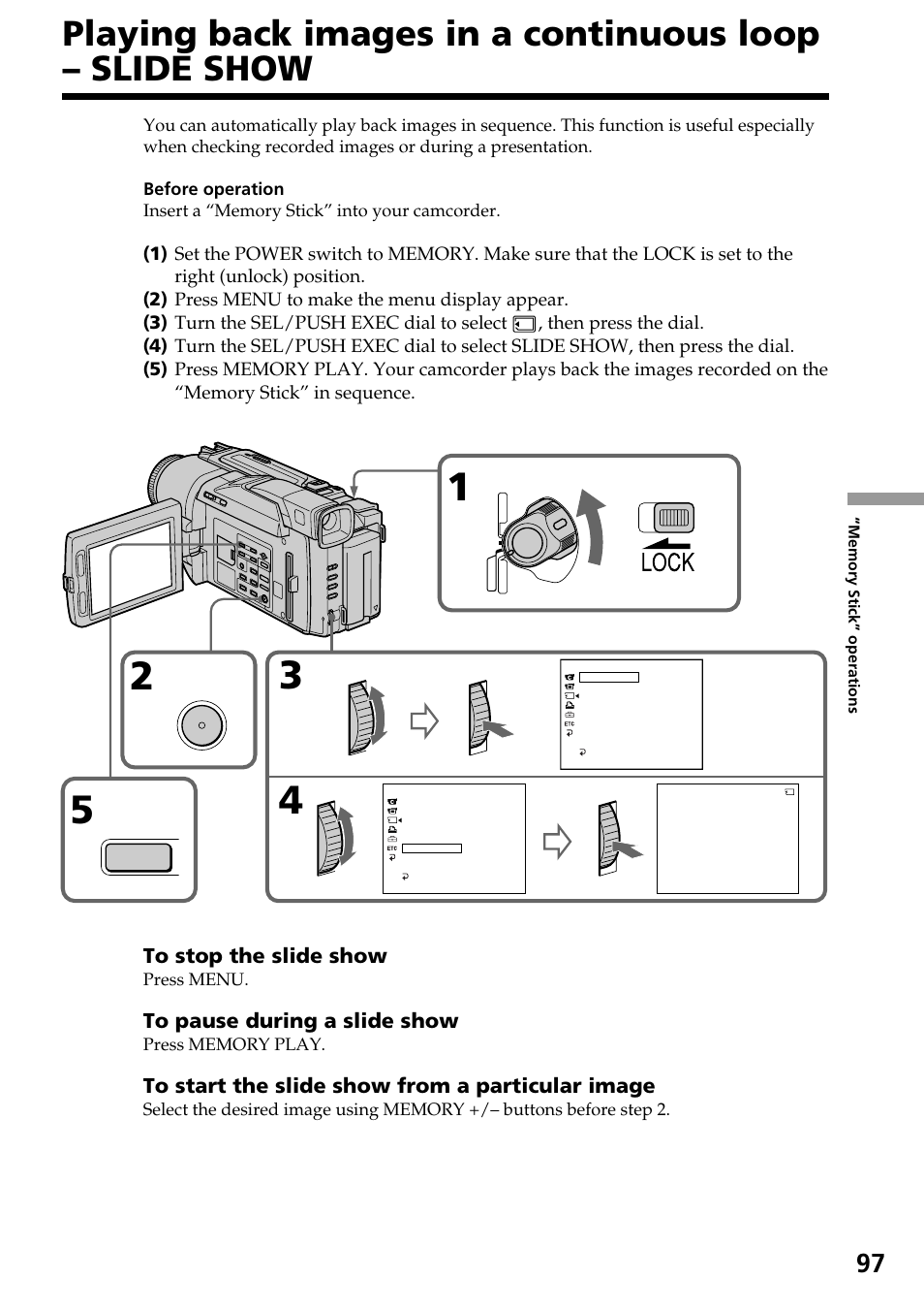 Playing back images in a continuous loop, Slide show | Sony DCR-TRV820 User Manual | Page 97 / 156