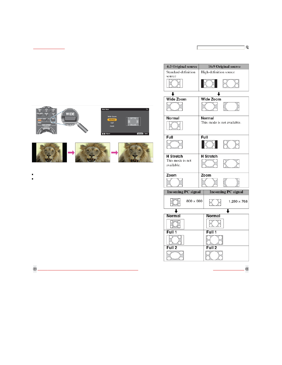 Wide mode, Changing the wide screen mode, Changing the wide screen mode for pc timing | Sony KDL-52Z5100 User Manual | Page 289 / 345