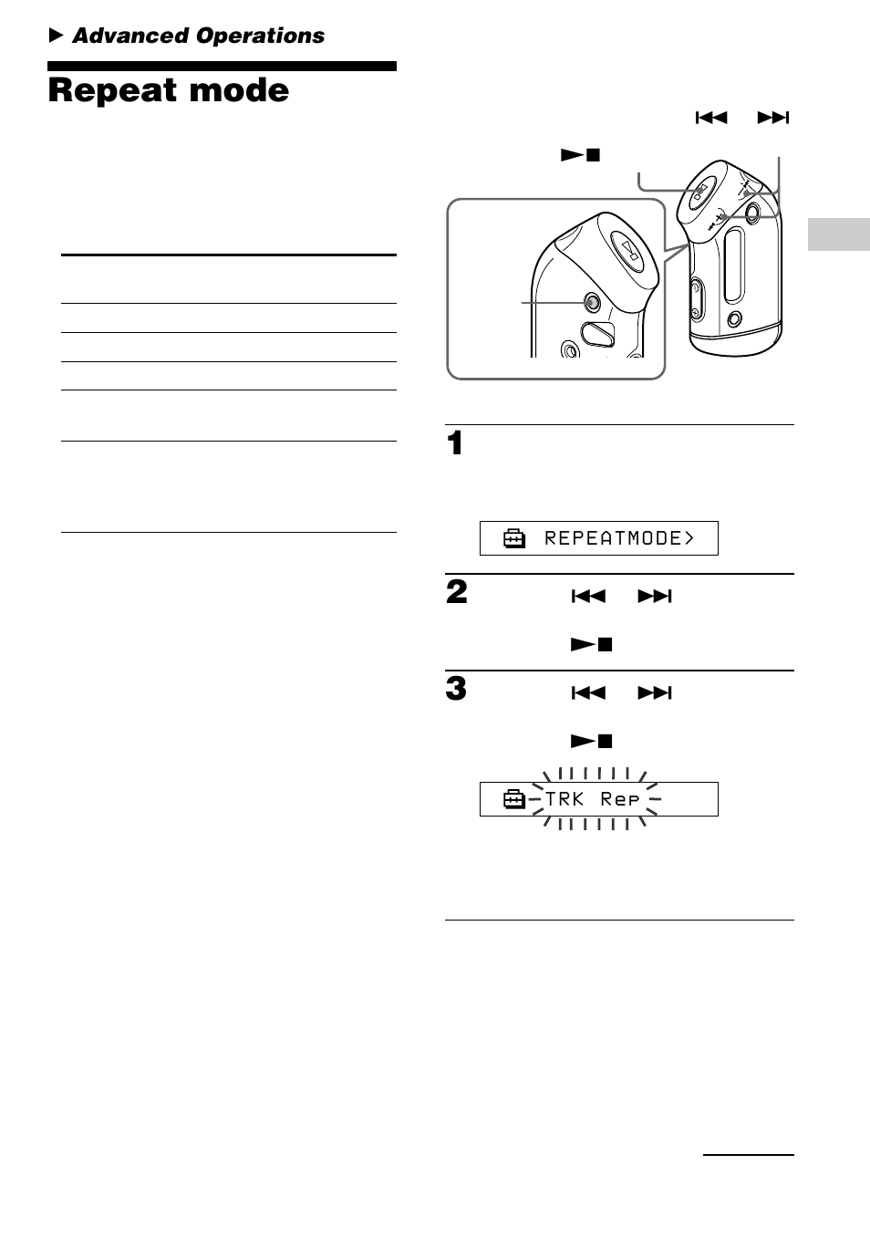 Advanced operations, Repeat mode, Selecting the repeat mode | Sony NW-S23 User Manual | Page 17 / 52