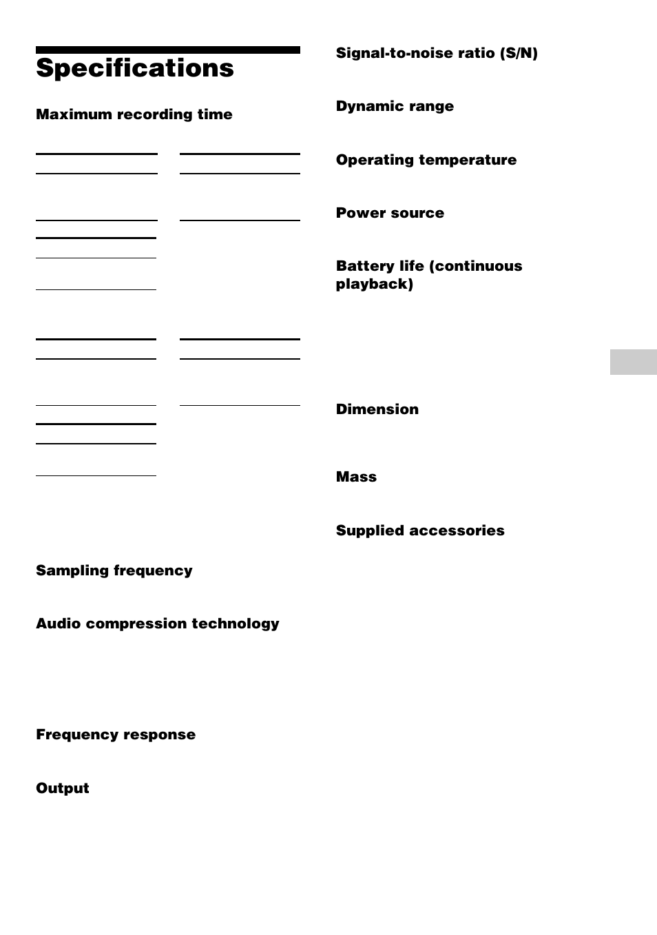 Specifications, Other information | Sony NW-S23 User Manual | Page 41 / 52