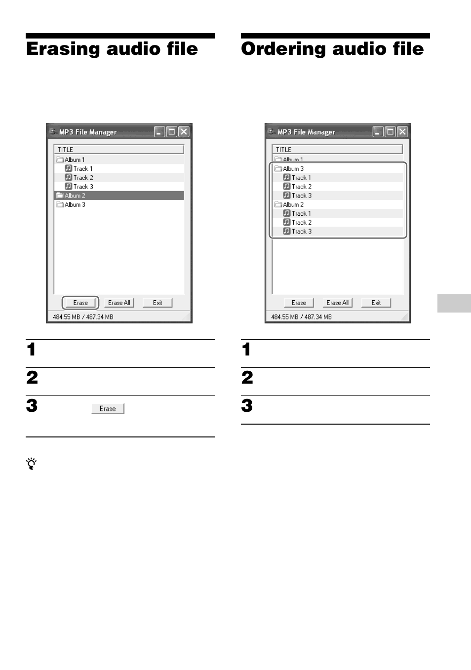 Erasing audio file, Ordering audio file | Sony NW-S23 User Manual | Page 49 / 52
