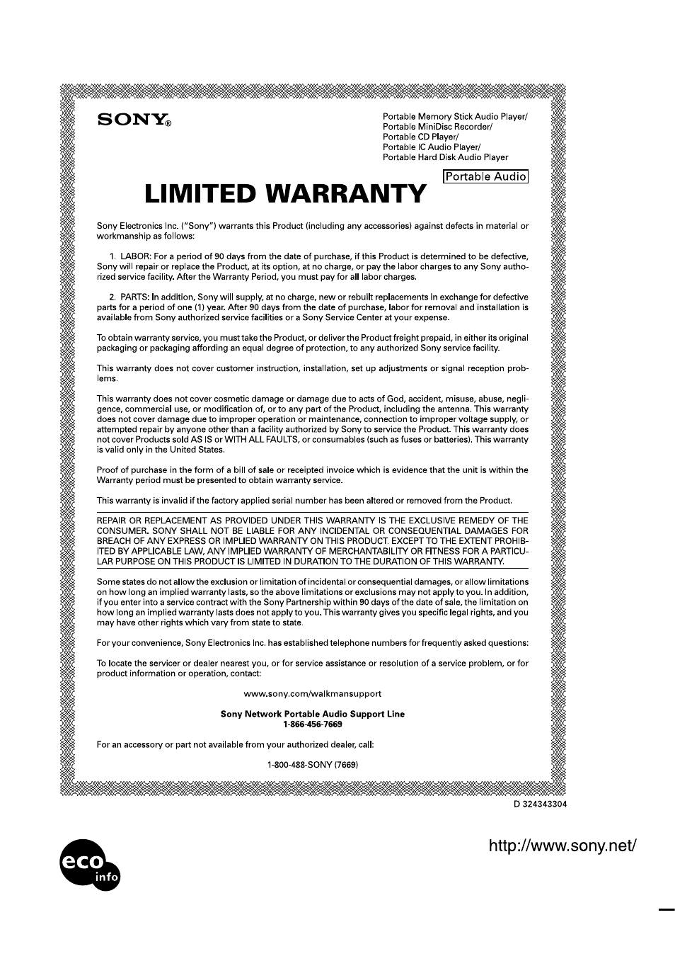 This warranty is valid only in the united states | Sony NW-S23 User Manual | Page 52 / 52