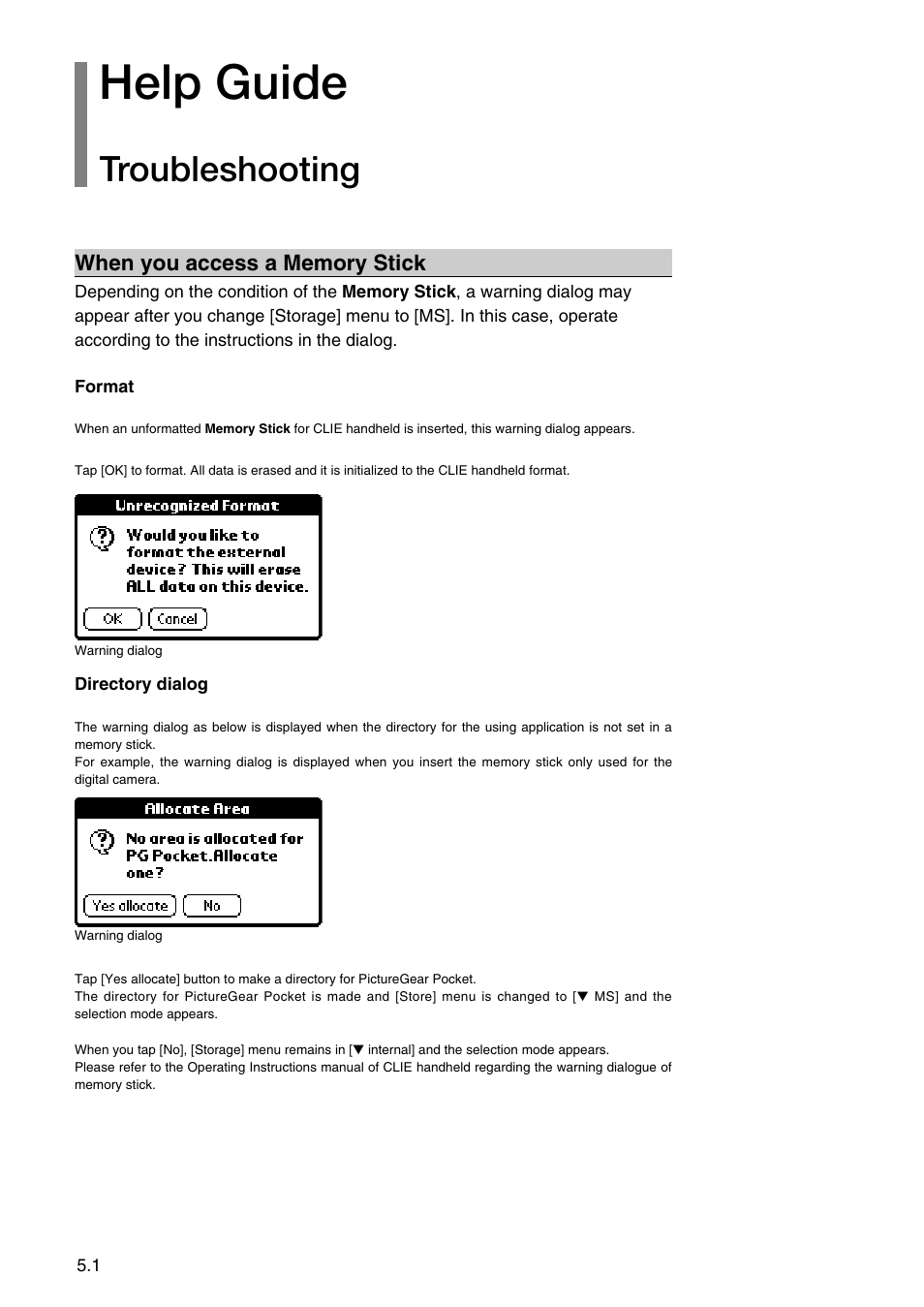 Help guide, Troubleshooting, When you access a memory stick | Sony PEG-N710C User Manual | Page 28 / 32