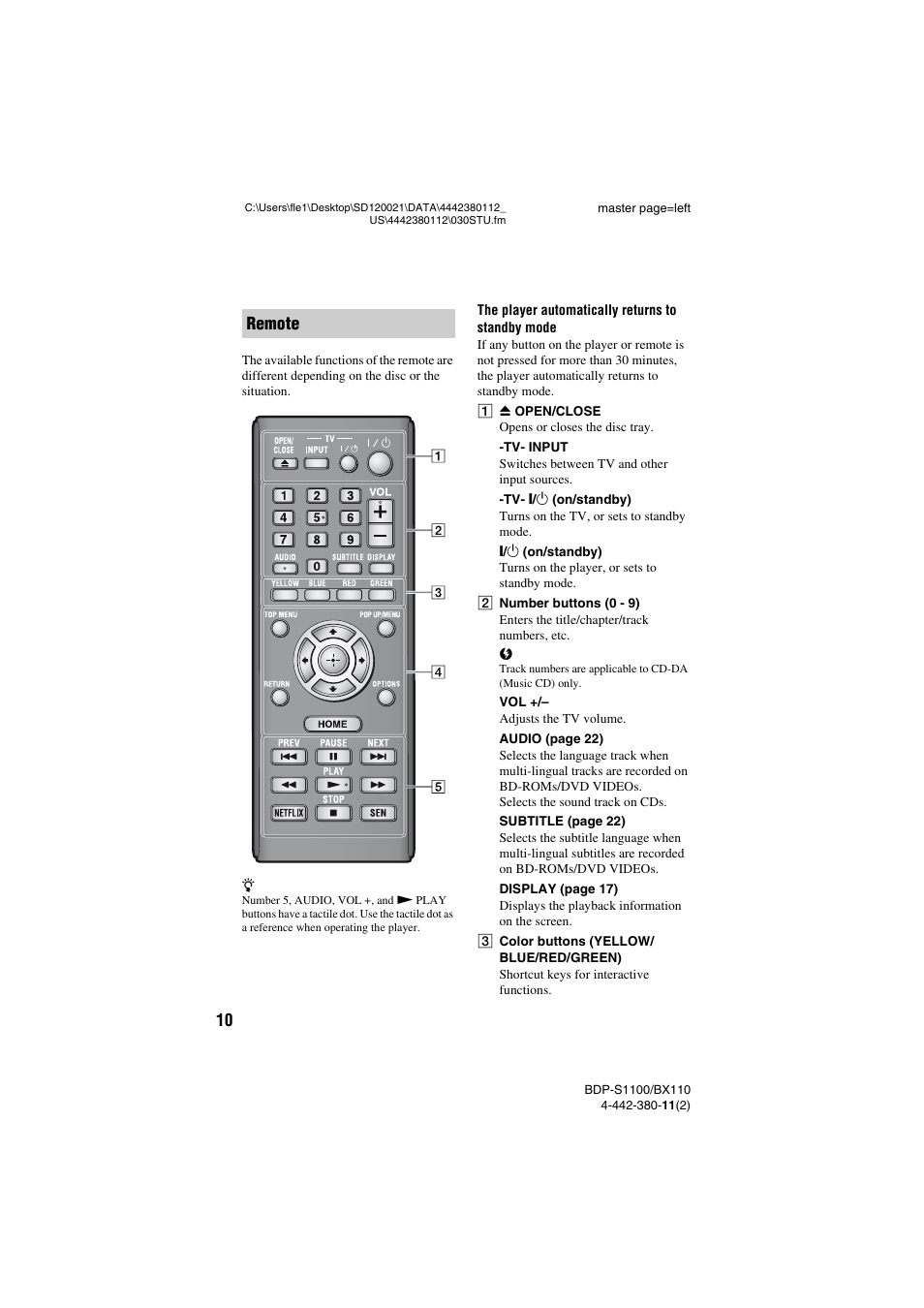 Remote | Sony BDP-S1100 User Manual | Page 10 / 36
