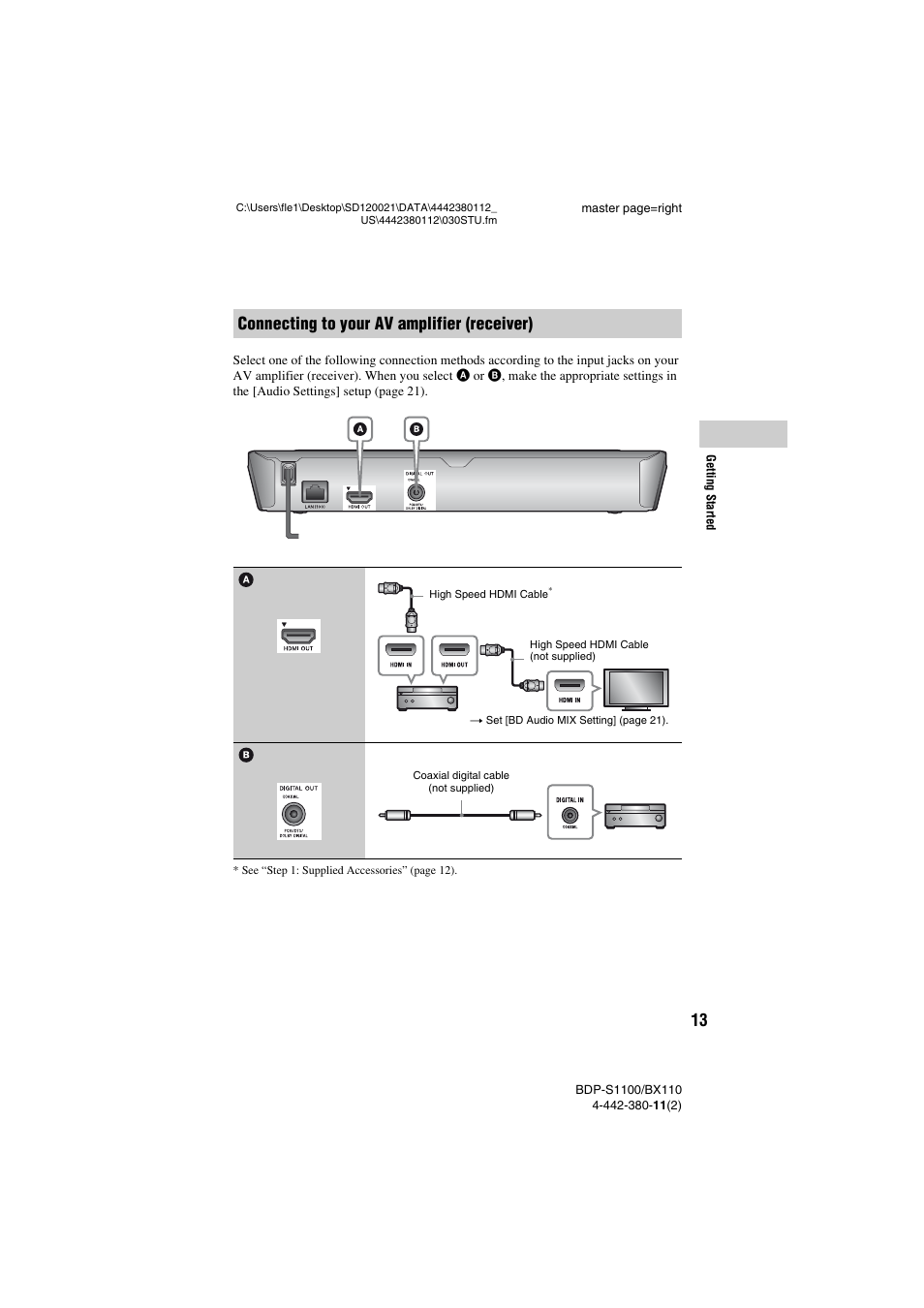 Connecting to your av amplifier (receiver) | Sony BDP-S1100 User Manual | Page 13 / 36
