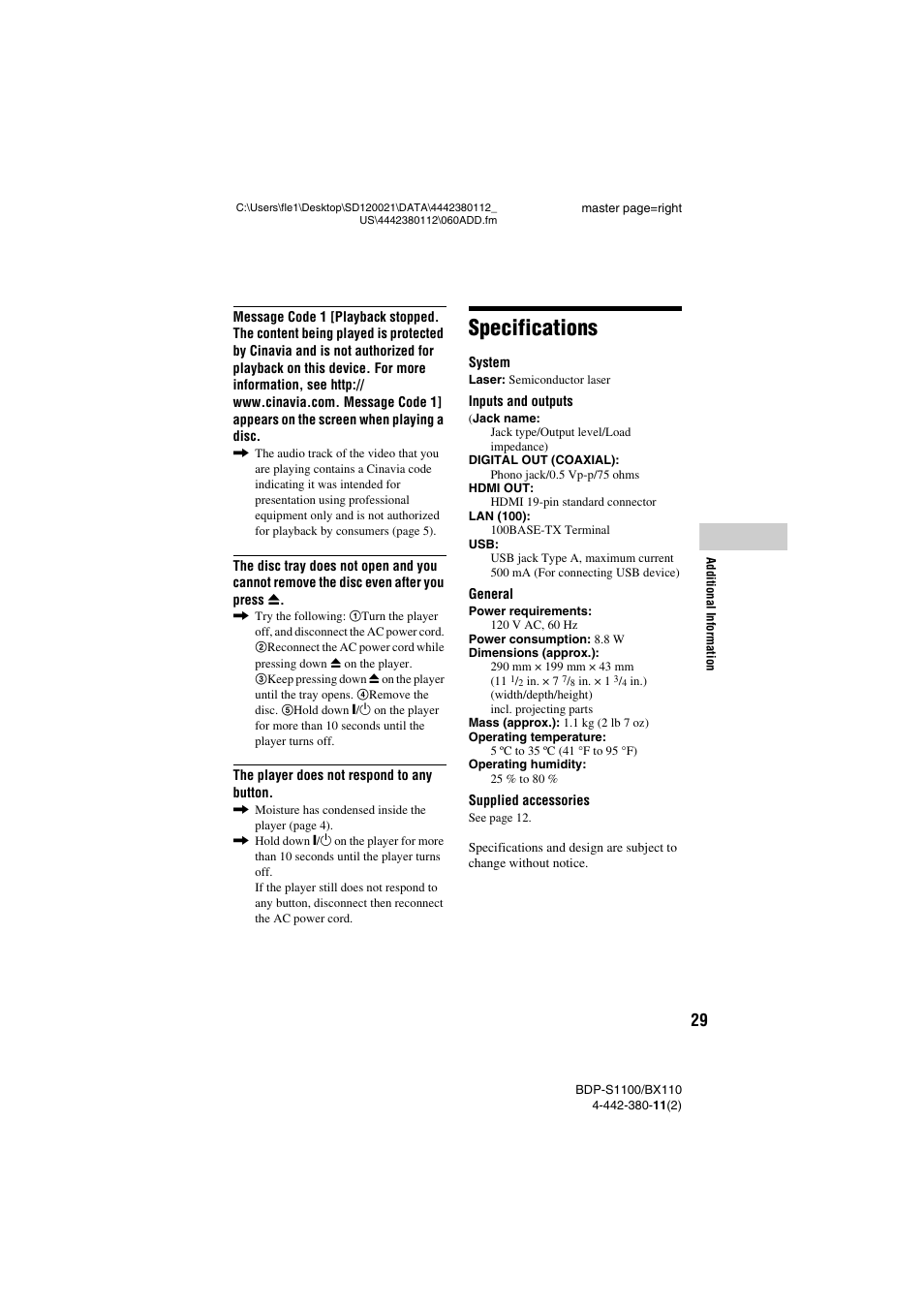 Specifications | Sony BDP-S1100 User Manual | Page 29 / 36