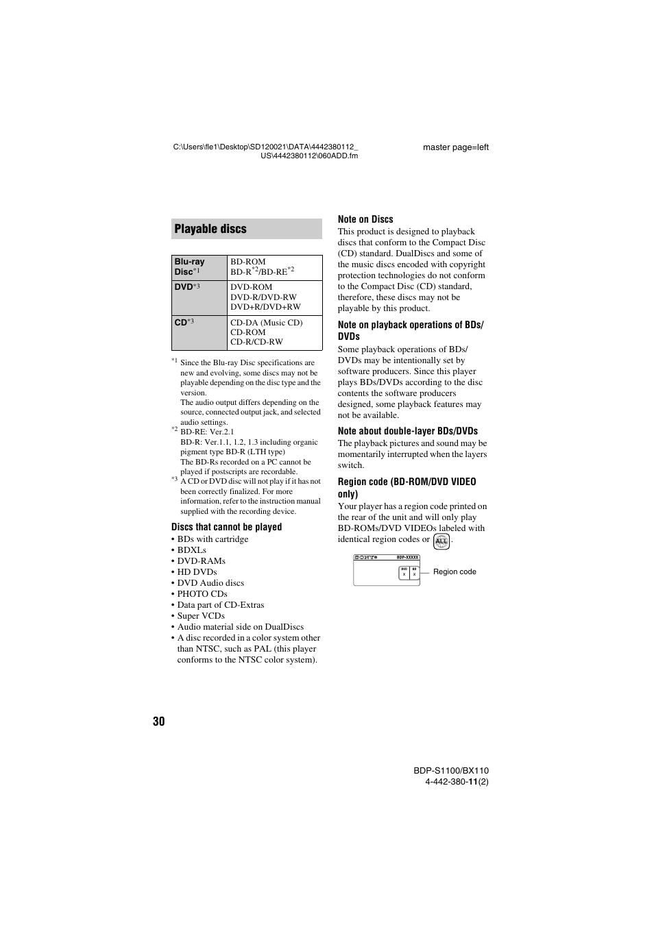 Playable discs | Sony BDP-S1100 User Manual | Page 30 / 36