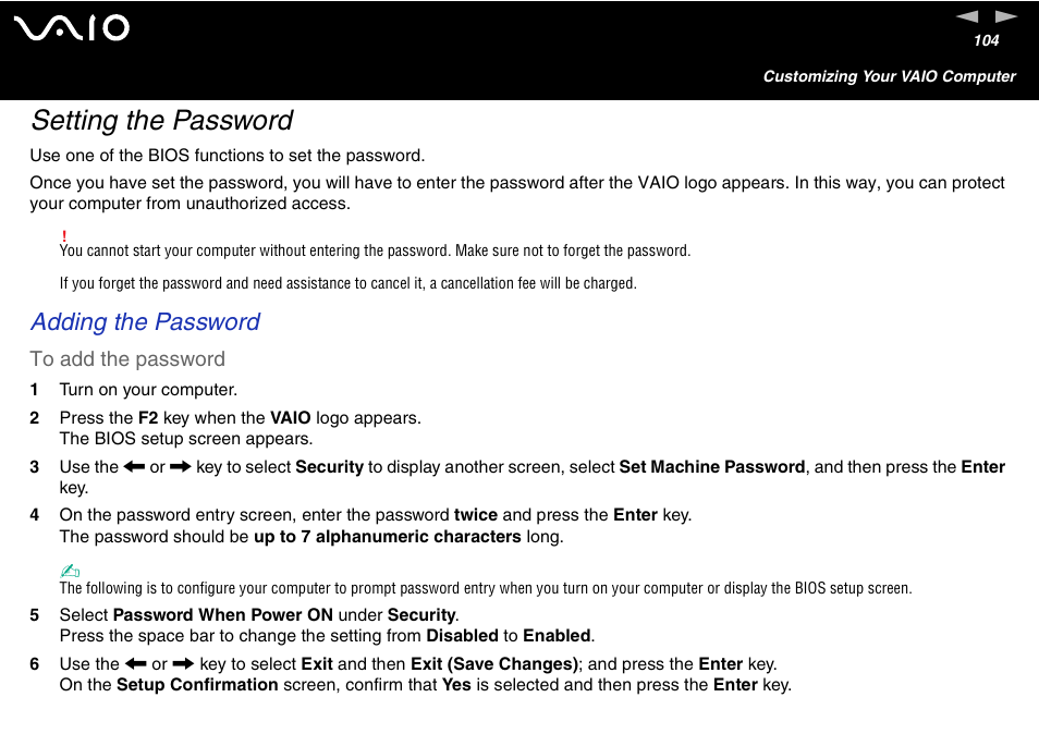 Setting the password, Adding the password | Sony VGN-S460P User Manual | Page 104 / 200