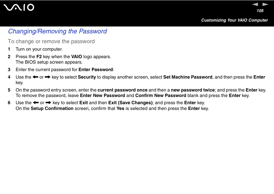 Changing/removing the password | Sony VGN-S460P User Manual | Page 105 / 200