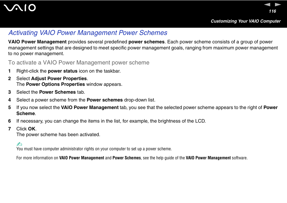 Activating vaio power management power schemes | Sony VGN-S460P User Manual | Page 116 / 200