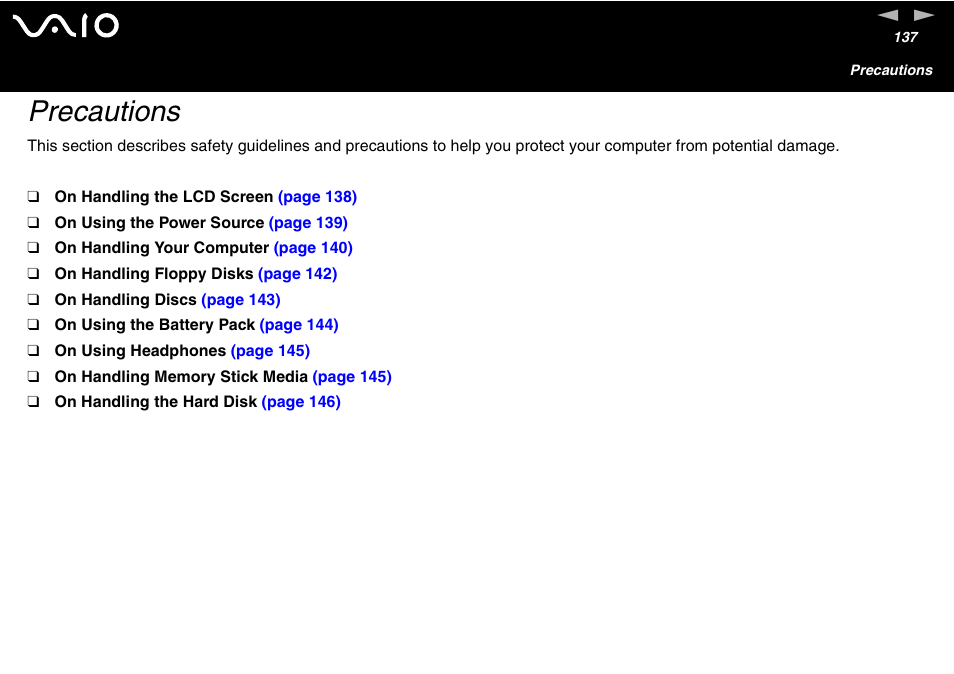 Precautions | Sony VGN-S460P User Manual | Page 137 / 200