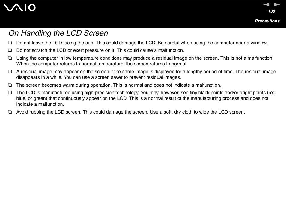 On handling the lcd screen | Sony VGN-S460P User Manual | Page 138 / 200