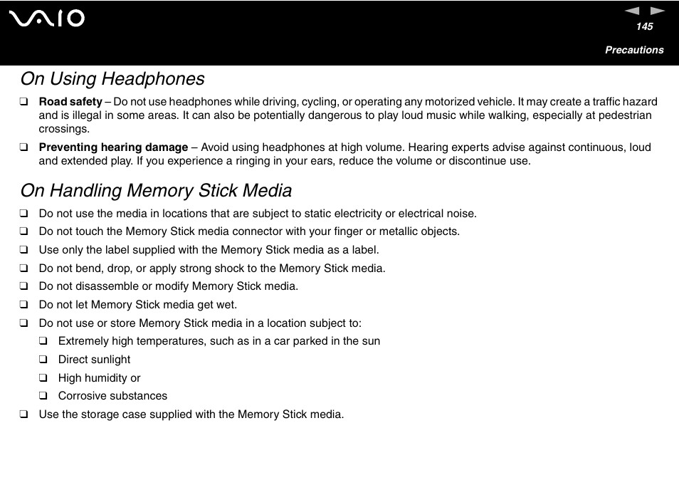 On using headphones, On handling memory stick media | Sony VGN-S460P User Manual | Page 145 / 200