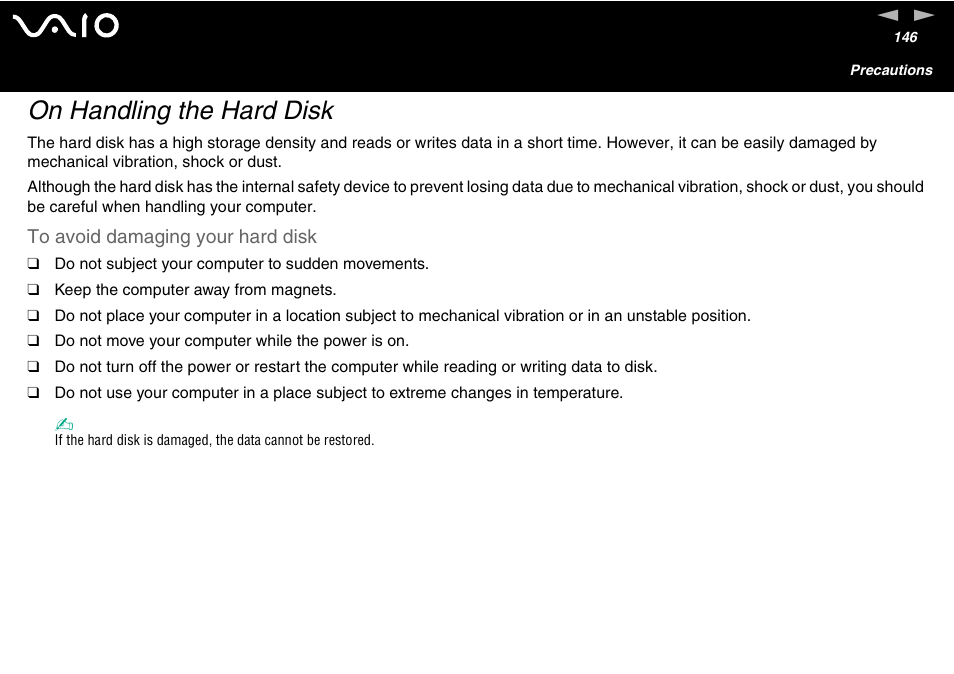 On handling the hard disk | Sony VGN-S460P User Manual | Page 146 / 200
