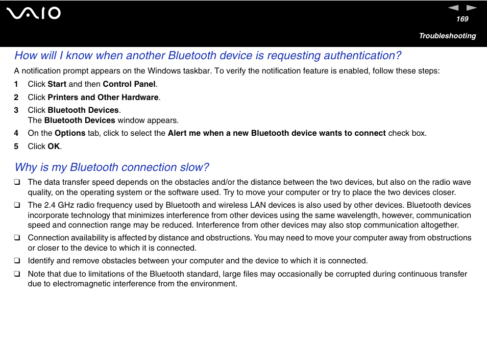 Why is my bluetooth connection slow | Sony VGN-S460P User Manual | Page 169 / 200
