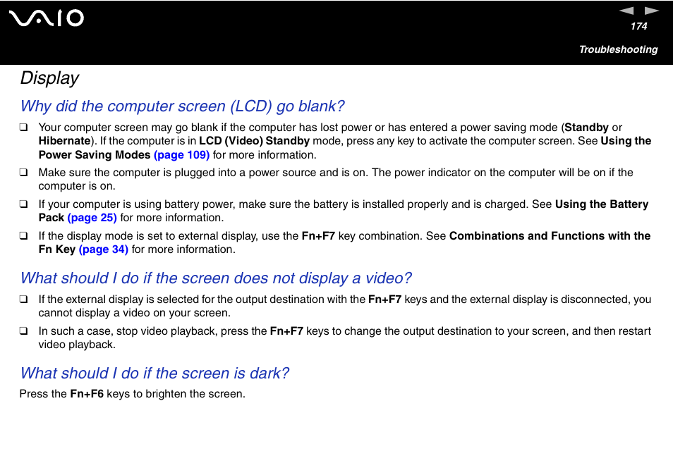 Display, Why did the computer screen (lcd) go blank, What should i do if the screen is dark | Sony VGN-S460P User Manual | Page 174 / 200