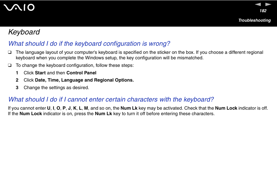 Keyboard | Sony VGN-S460P User Manual | Page 182 / 200