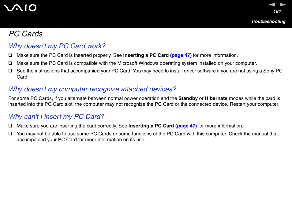 Pc cards, Why doesn't my pc card work, Why doesn't my computer recognize attached devices | Why can't i insert my pc card | Sony VGN-S460P User Manual | Page 184 / 200