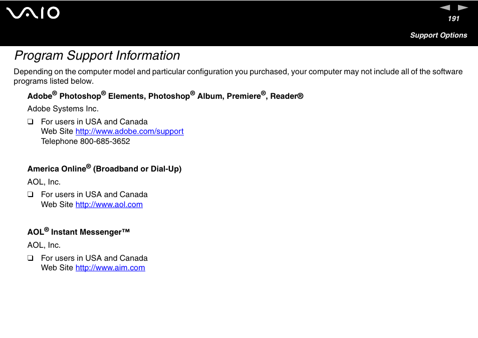 Program support information | Sony VGN-S460P User Manual | Page 191 / 200