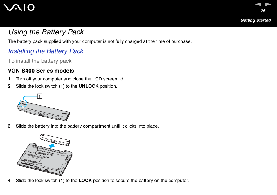 Using the battery pack, Installing the battery pack | Sony VGN-S460P User Manual | Page 25 / 200