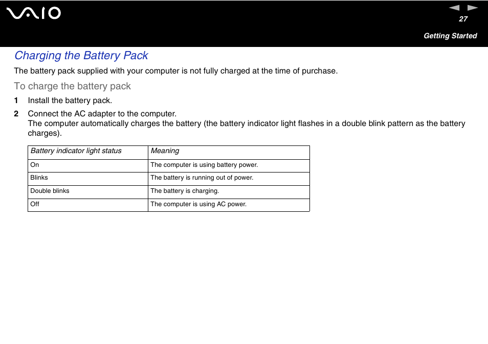 Charging the battery pack | Sony VGN-S460P User Manual | Page 27 / 200