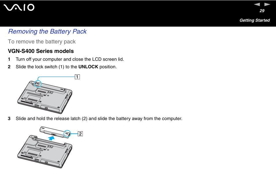 Removing the battery pack | Sony VGN-S460P User Manual | Page 29 / 200