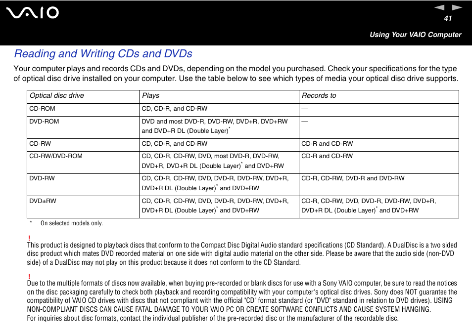 Reading and writing cds and dvds | Sony VGN-S460P User Manual | Page 41 / 200