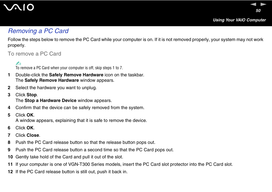 Removing a pc card | Sony VGN-S460P User Manual | Page 50 / 200