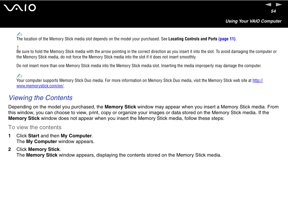 Viewing the contents | Sony VGN-S460P User Manual | Page 54 / 200
