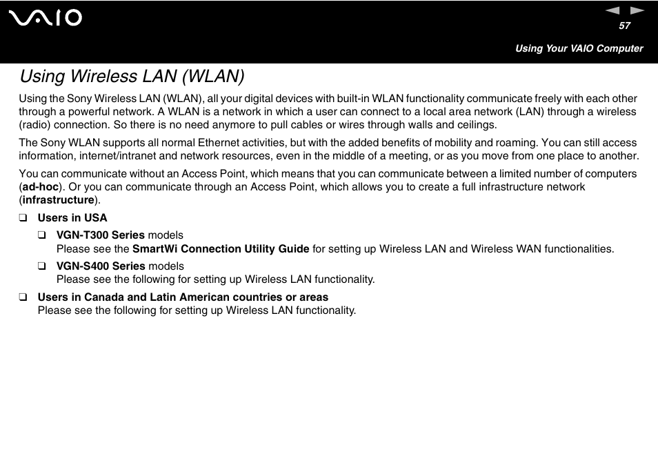 Using wireless lan (wlan), Lan) | Sony VGN-S460P User Manual | Page 57 / 200